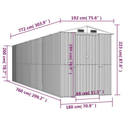 vidaXL Geräteschuppen Anthrazit 192x772x223 cm Verzinkter Stahl