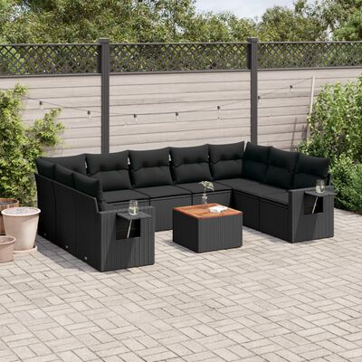 vidaXL 10-tlg. Garten-Sofagarnitur mit Kissen Schwarz Poly Rattan