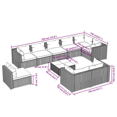 vidaXL 10-tlg. Garten-Lounge-Set mit Kissen Poly Rattan Grau