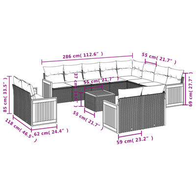 vidaXL 13-tlg. Garten-Sofagarnitur mit Kissen Grau Poly Rattan