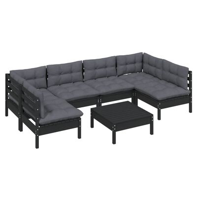 vidaXL 7-tlg. Garten-Lounge-Set mit Kissen Schwarz Kiefer Massivholz