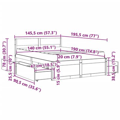 vidaXL Bett mit Schubladen und Matratze Weiß 140x190 cm Massivholz