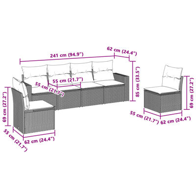 vidaXL 6-tlg. Garten-Sofagarnitur mit Kissen Hellgrau Poly Rattan