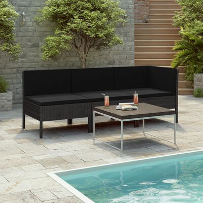 vidaXL 3-tlg. Garten-Lounge-Set mit Auflagen Poly Rattan Schwarz