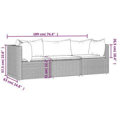 vidaXL 3-tlg. Garten-Lounge-Set mit Kissen Schwarz Poly Rattan