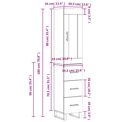 vidaXL Highboard Grau Sonoma 34,5x34x180 cm Holzwerkstoff