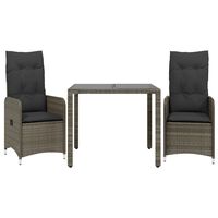 vidaXL 3-tlg. Garten-Bistro-Set mit Kissen Grau Poly Rattan