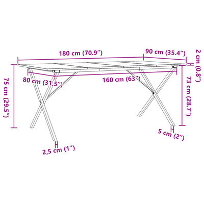 vidaXL Esstisch X-Gestell 180x90x75 cm Massivholz Kiefer und Gusseisen