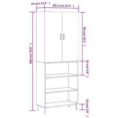 vidaXL Highboard Braun Eichen-Optik 69,5x34x180 cm Holzwerkstoff