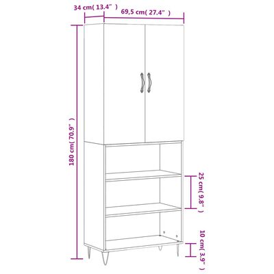 vidaXL Highboard Hochglanz-Weiß 69,5x34x180 cm Holzwerkstoff