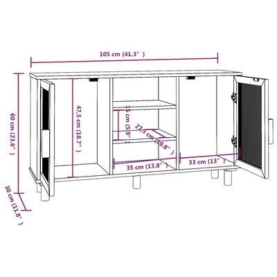 vidaXL Sideboard Braun 105x30x60 cm Massivholz Kiefer und Natur-Rattan