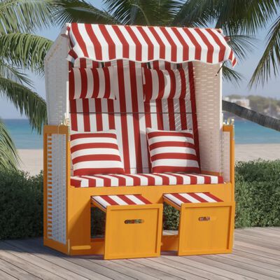 vidaXL Strandkorb mit Kissen Poly Rattan und Massivholz Rot & Weiß