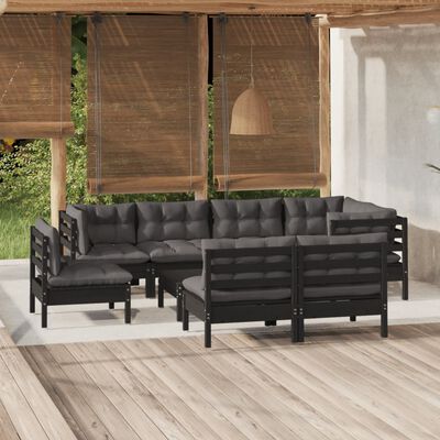 vidaXL 9-tlg. Garten-Lounge-Set mit Kissen Schwarz Massivholz Kiefer