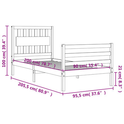 vidaXL Massivholzbett mit Kopfteil 90x200 cm