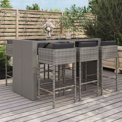 vidaXL 7-tlg. Gartenbar-Set mit Kissen Grau Poly Rattan