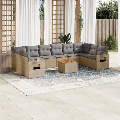 vidaXL 11-tlg. Garten-Sofagarnitur mit Kissen Beige Poly Rattan