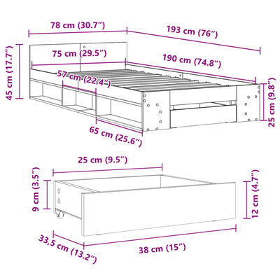 vidaXL Bettgestell mit Schublade Braun Eiche 75x190 cm Holzwerkstoff