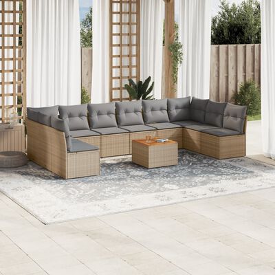 vidaXL 11-tlg. Garten-Sofagarnitur mit Kissen Beige Poly Rattan