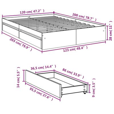 vidaXL Bettgestell mit Schubladen Grau Sonoma 120x200 cm Holzwerkstoff