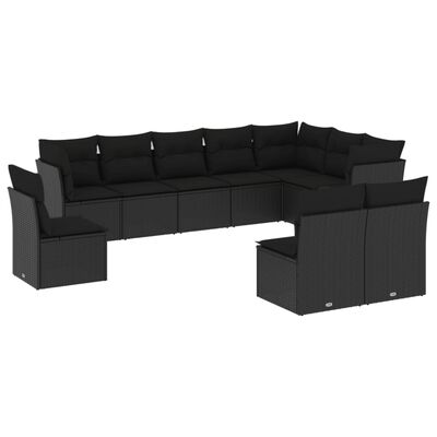 vidaXL 10-tlg. Garten-Sofagarnitur mit Kissen Schwarz Poly Rattan