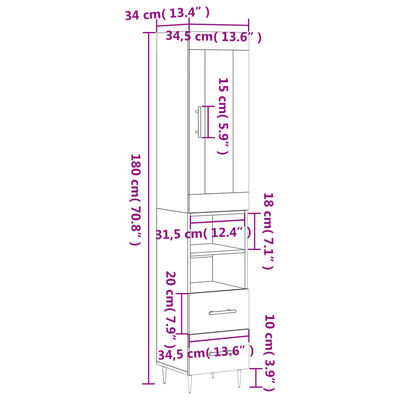 vidaXL Highboard Betongrau 34,5x34x180 cm Holzwerkstoff