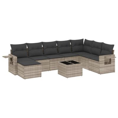 vidaXL 9-tlg. Garten-Sofagarnitur mit Kissen Hellgrau Poly Rattan