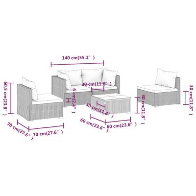 vidaXL 5-tlg. Garten-Lounge-Set mit Kissen Poly Rattan Grau