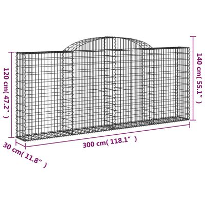 vidaXL Gabionen mit Hochbogen 4 Stk. 300x30x120/140cm Verzinktes Eisen