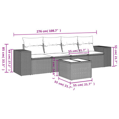 vidaXL 5-tlg. Garten-Sofagarnitur mit Kissen Grau Poly Rattan