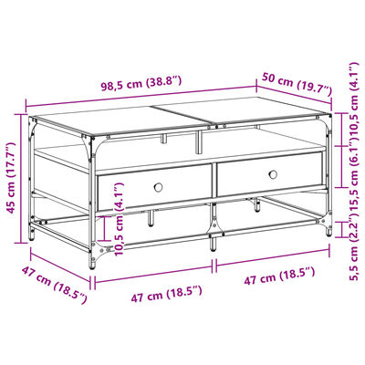 vidaXL Couchtisch mit Glasplatte Räuchereiche 98,5x50x45 cm Stahl