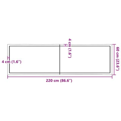 vidaXL Tischplatte 220x60x(2-4) cm Massivholz Unbehandelt Baumkante