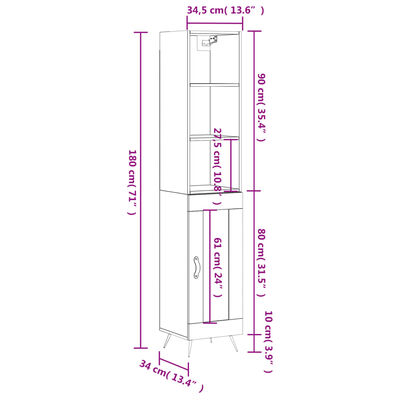 vidaXL Highboard Weiß 34,5x34x180 cm Holzwerkstoff