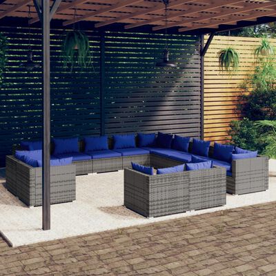 vidaXL 13-tlg. Garten-Lounge-Set mit Kissen Grau Poly Rattan