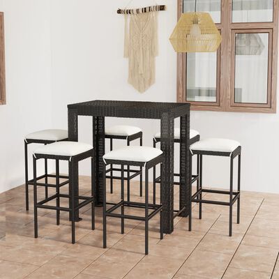 vidaXL 7-tlg. Gartenbar-Set mit Kissen Poly Rattan Schwarz