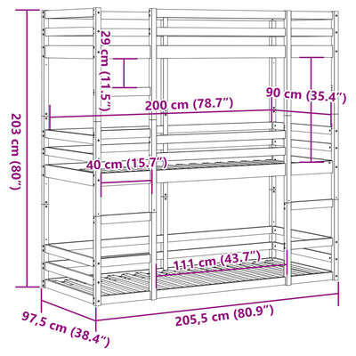 vidaXL Dreifach-Etagenbett Weiß 90x200 cm Massivholz Kiefer