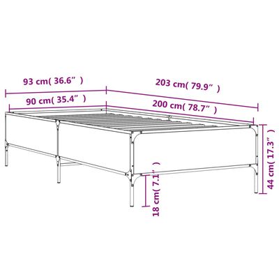 vidaXL Bettgestell Sonoma-Eiche 90x200 cm Holzwerkstoff und Metall