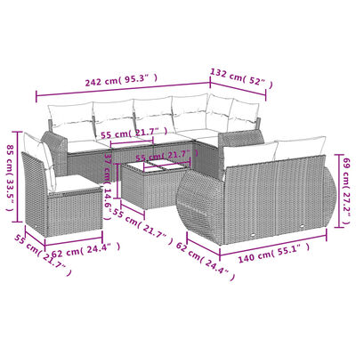 vidaXL 9-tlg. Garten-Sofagarnitur mit Kissen Grau Poly Rattan