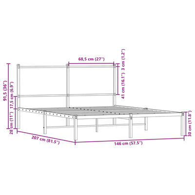 vidaXL Metallbett ohne Matratze Braun Eichen-Optik 140x200 cm