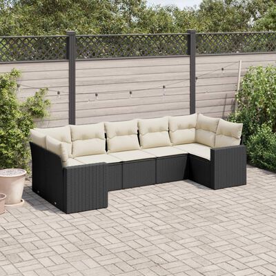 vidaXL 7-tlg. Garten-Sofagarnitur mit Kissen Schwarz Poly Rattan