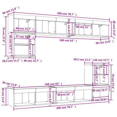 vidaXL 8-tlg. Wohnwand mit LED-Beleuchtung Weiß Holzwerkstoff