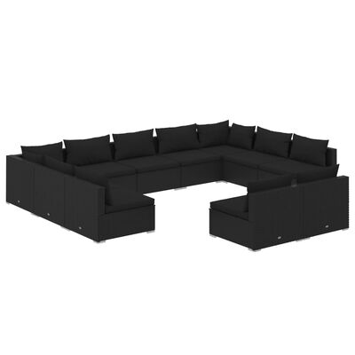 vidaXL 11-tlg. Garten-Lounge-Set mit Kissen Schwarz Poly Rattan