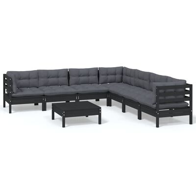 vidaXL 8-tlg. Garten-Lounge-Set mit Kissen Schwarz Massivholz Kiefer