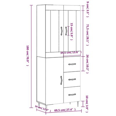 vidaXL Highboard Grau Sonoma 69,5x34x180 cm Holzwerkstoff