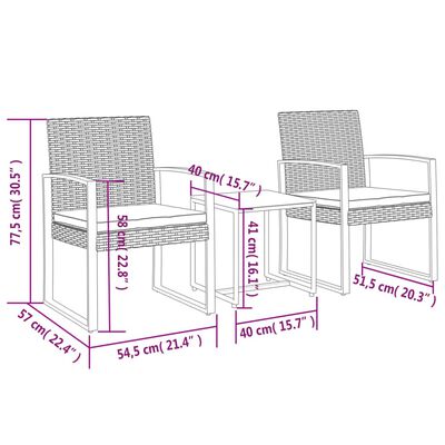 vidaXL 3-tlg. Garten-Essgruppe mit Kissen Schwarz PP-Rattan