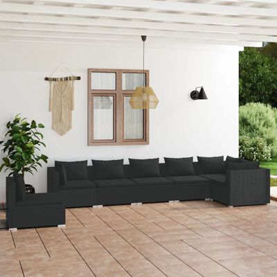 vidaXL 7-tlg. Garten-Lounge-Set mit Kissen Poly Rattan Schwarz