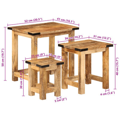 vidaXL Beistelltische Satztische 3 Stk. Raues Massivholz Mango