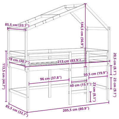 vidaXL Hochbett mit Leiter und Dach Weiß 80x200 cm Massivholz Kiefer