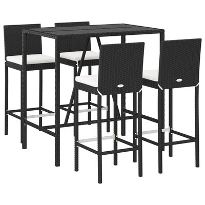 vidaXL 5-tlg. Gartenbar-Set mit Kissen Schwarz Poly Rattan