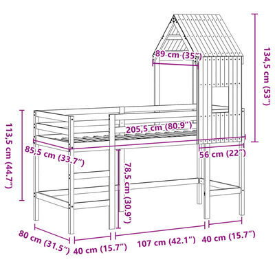 vidaXL Hochbett mit Leiter und Dach 80x200 cm Massivholz Kiefer