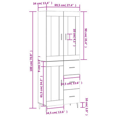 vidaXL Highboard Hochglanz-Weiß 69,5x34x180 cm Holzwerkstoff